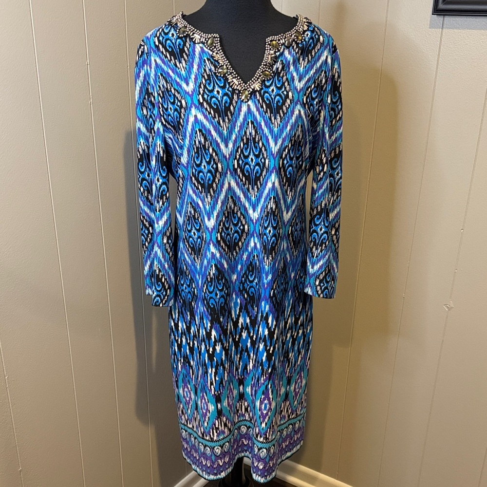 B10 Women’s 1 Chico's Vibrant Blue and Black Geometric Beaded Long Sleeve Dress